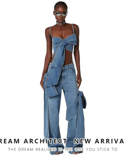 TALKLESSFASHION Denim Bow Bandeau Wide-Leg Set