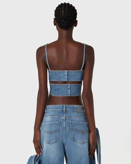 TALKLESSFASHION Denim Bow Bandeau Wide-Leg Set