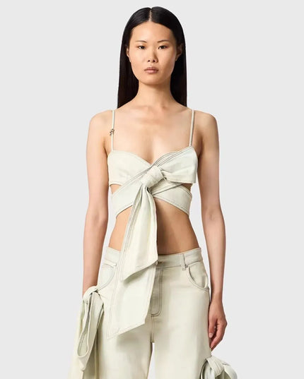 TALKLESSFASHION Denim Bow Bandeau Wide-Leg Set