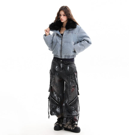 TALKLESSFASHION Denim Fur Collar Puffer Jacket