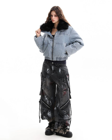 TALKLESSFASHION Denim Fur Collar Puffer Jacket