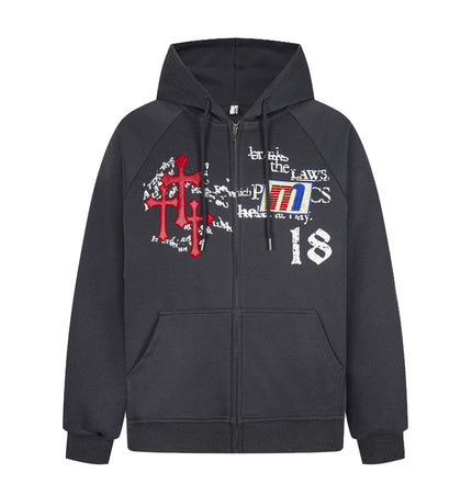 TALKLESSFASHION Distressed Letter Print Embroidered Hooded Sweatshirt