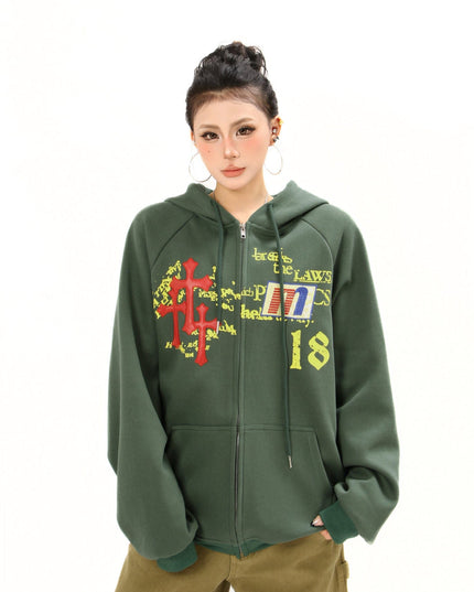 TALKLESSFASHION Distressed Letter Print Embroidered Hooded Sweatshirt