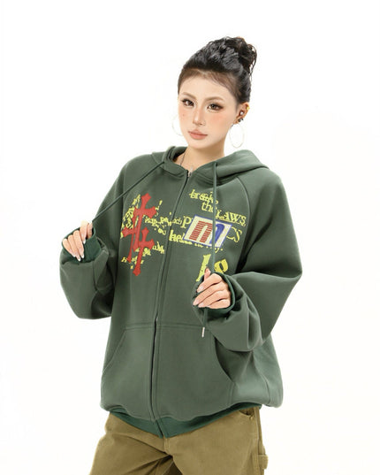 TALKLESSFASHION Distressed Letter Print Embroidered Hooded Sweatshirt