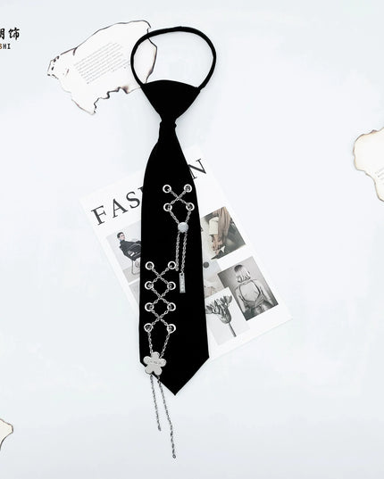 TALKLESSFASHION Double row chain petal tie Le Chao ornament  black tie