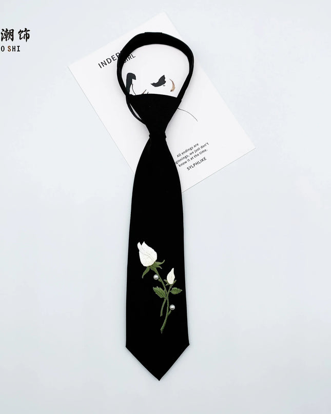 TALKLESSFASHION Embroidered rose tie Le Chao white rose embroidery tie