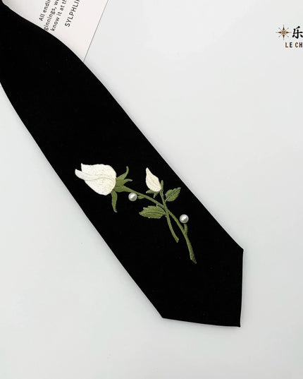 TALKLESSFASHION Embroidered rose tie Le Chao white rose embroidery tie