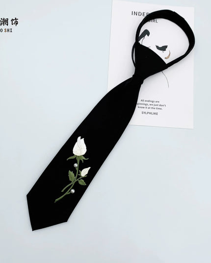 TALKLESSFASHION Embroidered rose tie Le Chao white rose embroidery tie