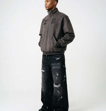 TALKLESSFASHION Embroidery Suede Double-Zip Shell