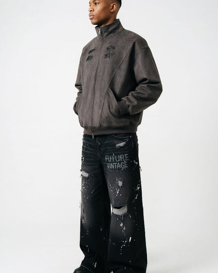 TALKLESSFASHION Embroidery Suede Double-Zip Shell