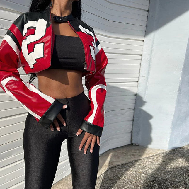 TALKLESSFASHION European and American foreign trade 2025 summer women's new fashion locomotive contrast embroidery splicing slim imitation leather jacket jacket