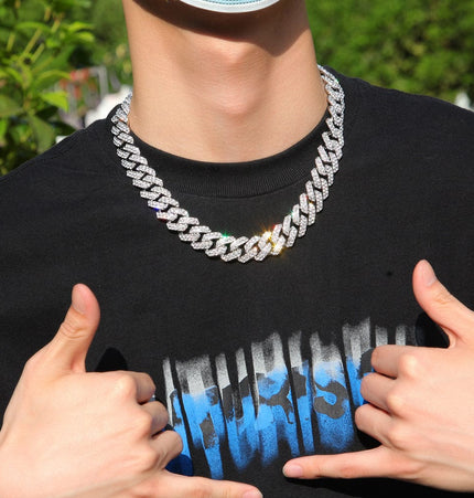 TALKLESSFASHION European and American trend 18mm silver Cuban chain rock punk full diamond alloy hip hop fashion metal necklace accessories men