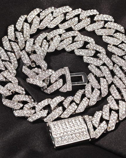 TALKLESSFASHION European and American trend 18mm silver Cuban chain rock punk full diamond alloy hip hop fashion metal necklace accessories men