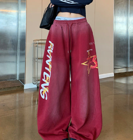 TALKLESSFASHION European and American vintage graffiti hot girl style star letter print washed gradient sweatpants women's autumn jazz dance scimitar pants