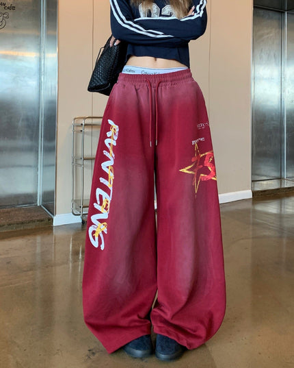 TALKLESSFASHION European and American vintage graffiti hot girl style star letter print washed gradient sweatpants women's autumn jazz dance scimitar pants