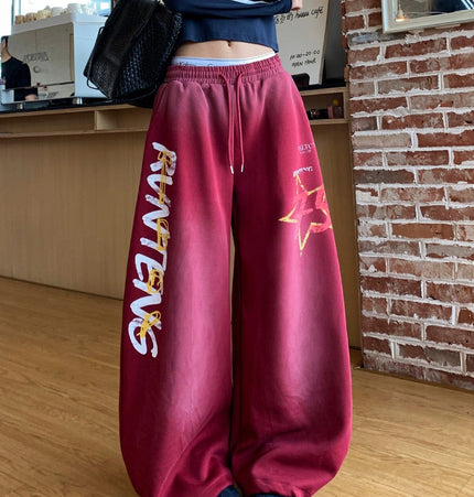TALKLESSFASHION European and American vintage graffiti hot girl style star letter print washed gradient sweatpants women's autumn jazz dance scimitar pants