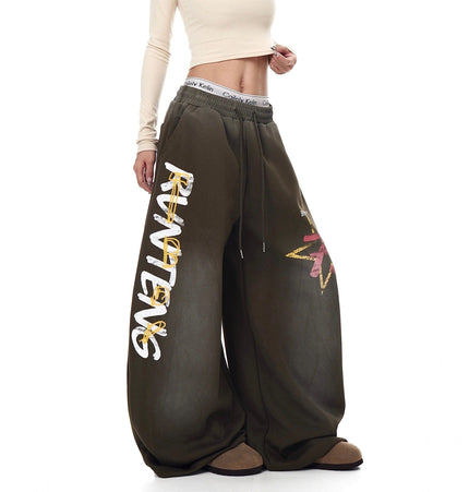 TALKLESSFASHION European and American vintage graffiti hot girl style star letter print washed gradient sweatpants women's autumn jazz dance scimitar pants