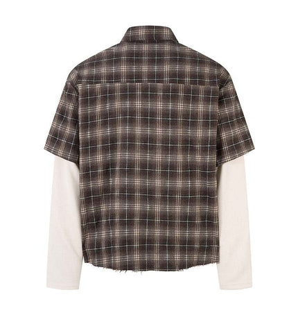 TALKLESSFASHION Fall 2025 new American trendy brand letter print plaid fake two-piece patchwork lapel long sleeve shirt men's shirt
