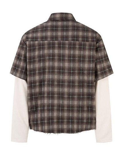 TALKLESSFASHION Fall 2025 new American trendy brand letter print plaid fake two-piece patchwork lapel long sleeve shirt men's shirt