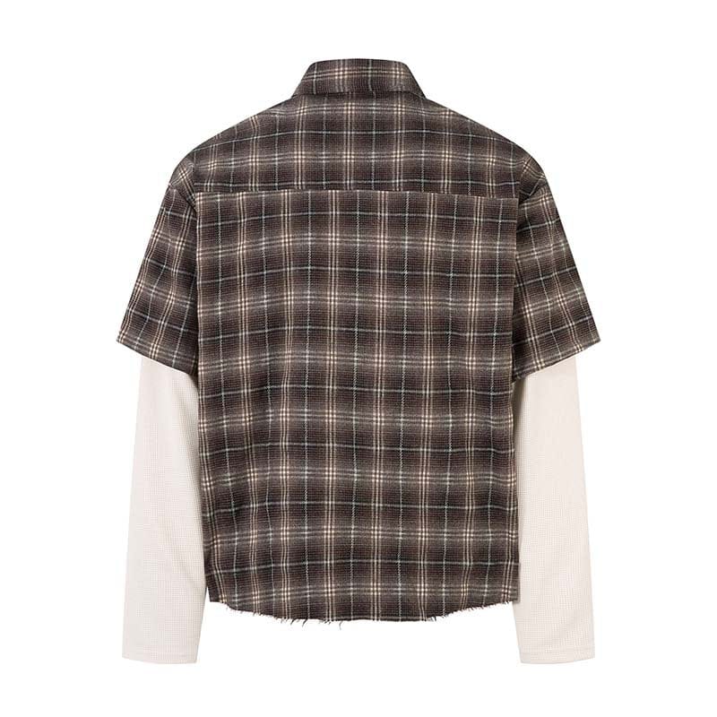 TALKLESSFASHION Fall 2025 new American trendy brand letter print plaid fake two-piece patchwork lapel long sleeve shirt men's shirt
