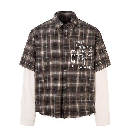 TALKLESSFASHION Fall 2025 new American trendy brand letter print plaid fake two-piece patchwork lapel long sleeve shirt men's shirt