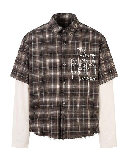 TALKLESSFASHION Fall 2025 new American trendy brand letter print plaid fake two-piece patchwork lapel long sleeve shirt men's shirt