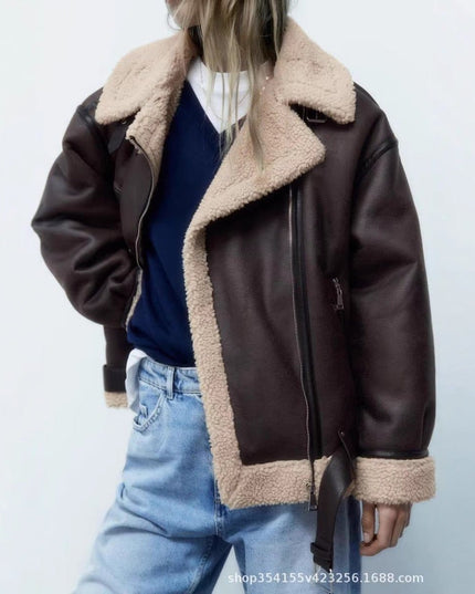 TALKLESSFASHION Foreign trade large version of European and American cross-border belt zipper composite jacket thickened windproof and waterproof fur integrated jacket