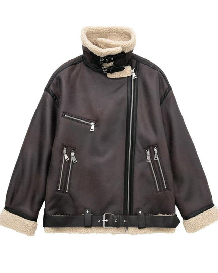 TALKLESSFASHION Foreign trade large version of European and American cross-border belt zipper composite jacket thickened windproof and waterproof fur integrated jacket