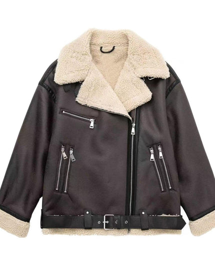TALKLESSFASHION Foreign trade large version of European and American cross-border belt zipper composite jacket thickened windproof and waterproof fur integrated jacket