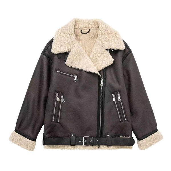 Foreign trade large version of European and American cross-border belt zipper composite jacket thickened windproof and waterproof fur integrated jacket