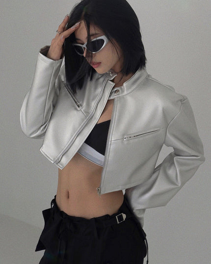 TALKLESSFASHION Functional style, silver stand-up collar, zipper, cropped leather jacket, hot girl, street personality, slim fit, crop top, versatile jacket