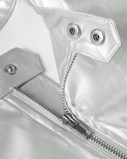 TALKLESSFASHION Functional style, silver stand-up collar, zipper, cropped leather jacket, hot girl, street personality, slim fit, crop top, versatile jacket