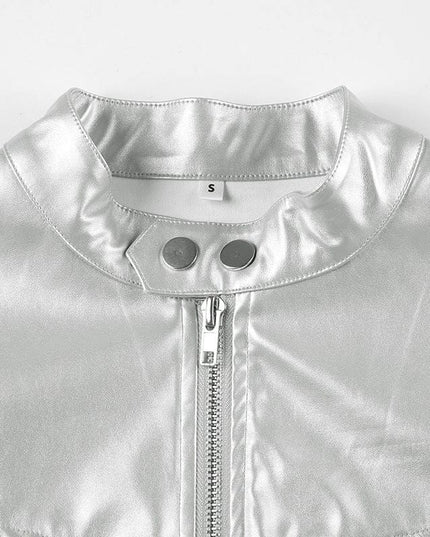 TALKLESSFASHION Functional style, silver stand-up collar, zipper, cropped leather jacket, hot girl, street personality, slim fit, crop top, versatile jacket