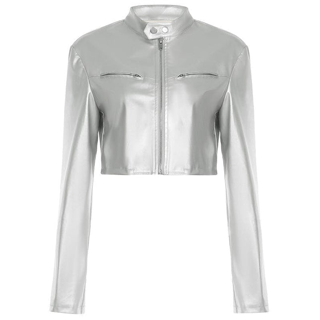 TALKLESSFASHION Functional style, silver stand-up collar, zipper, cropped leather jacket, hot girl, street personality, slim fit, crop top, versatile jacket