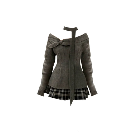 THETLSTUDIO GAOSITONG Pure Desire One-Shoulder Long Sleeve Knitted Sweater Women's Autumn Winter 2025 Sweet and Spicy Check Pleated Skirt Set