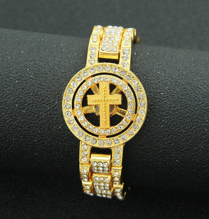 TALKLESSFASHION Gold (cross) MS Watch Bracelet Cross Rotating American Hip Hop Hip Hop Time Running Women's Full Diamond Dollar Men's Bracelet