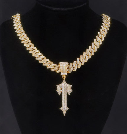 TALKLESSFASHION Gold pendant + 55 cm diamond diamond chain in the shape of a diamond MS Sword Cuban Chain American Hip Hop Diamond Full Diamond Trend Hiphop Rap Rap Premium Pendant Men's Necklace