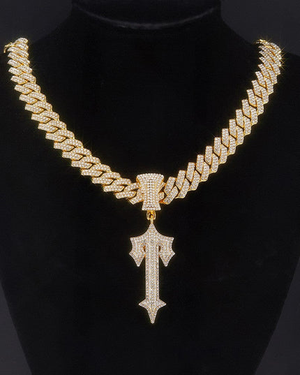 TALKLESSFASHION Gold pendant + 55 cm diamond diamond chain in the shape of a diamond MS Sword Cuban Chain American Hip Hop Diamond Full Diamond Trend Hiphop Rap Rap Premium Pendant Men's Necklace