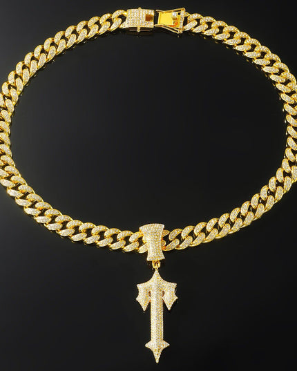 TALKLESSFASHION Gold pendant + 60 cm Cuban diamond chain MS Sword Cuban Chain American Hip Hop Diamond Full Diamond Trend Hiphop Rap Rap Premium Pendant Men's Necklace
