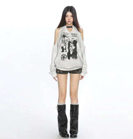 TALKLESSFASHION Graffiti Distressed Off-Shoulder Sweatshirt