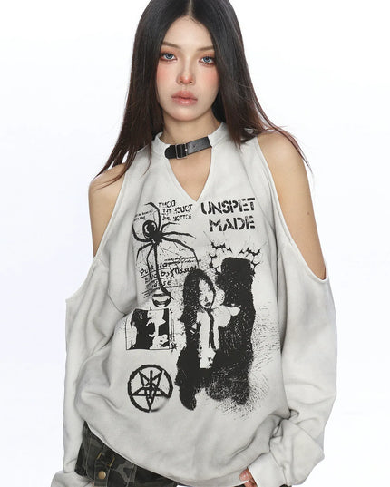 TALKLESSFASHION Graffiti Distressed Off-Shoulder Sweatshirt