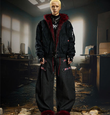 TALKLESSFASHION Heavy fourth-generation mountain carving cotton suit men's red fur collar American retro PU lint jacket plush thickened warm jacket
