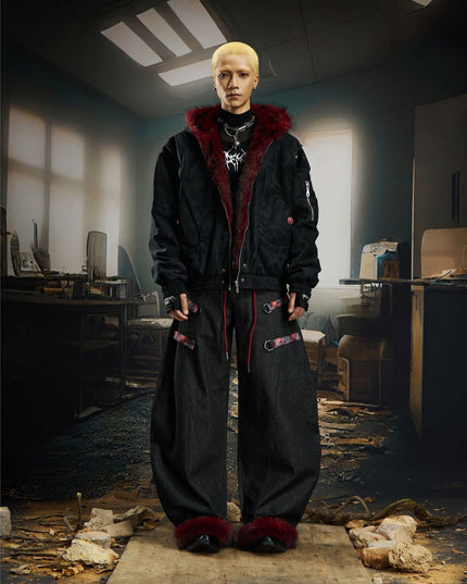 TALKLESSFASHION Heavy fourth-generation mountain carving cotton suit men's red fur collar American retro PU lint jacket plush thickened warm jacket