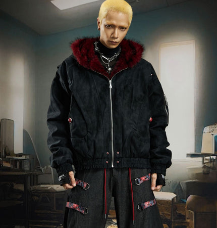 TALKLESSFASHION Heavy fourth-generation mountain carving cotton suit men's red fur collar American retro PU lint jacket plush thickened warm jacket