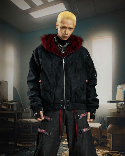 TALKLESSFASHION Heavy fourth-generation mountain carving cotton suit men's red fur collar American retro PU lint jacket plush thickened warm jacket