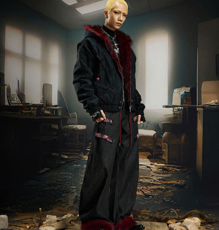 TALKLESSFASHION Heavy fourth-generation mountain carving cotton suit men's red fur collar American retro PU lint jacket plush thickened warm jacket