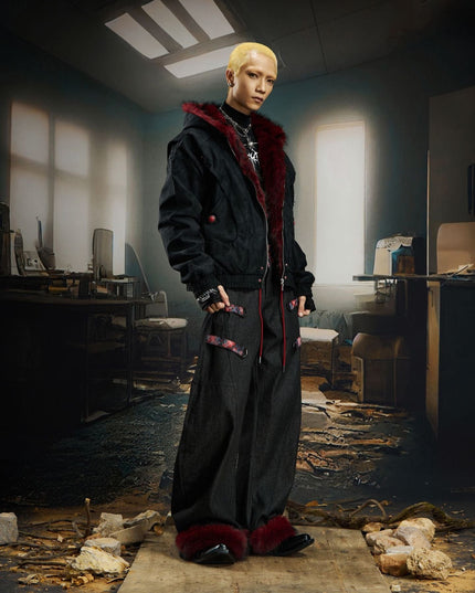 TALKLESSFASHION Heavy fourth-generation mountain carving cotton suit men's red fur collar American retro PU lint jacket plush thickened warm jacket