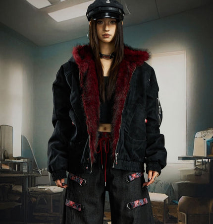 TALKLESSFASHION Heavy fourth-generation mountain carving cotton suit men's red fur collar American retro PU lint jacket plush thickened warm jacket