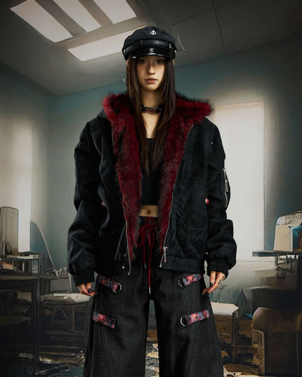 TALKLESSFASHION Heavy fourth-generation mountain carving cotton suit men's red fur collar American retro PU lint jacket plush thickened warm jacket