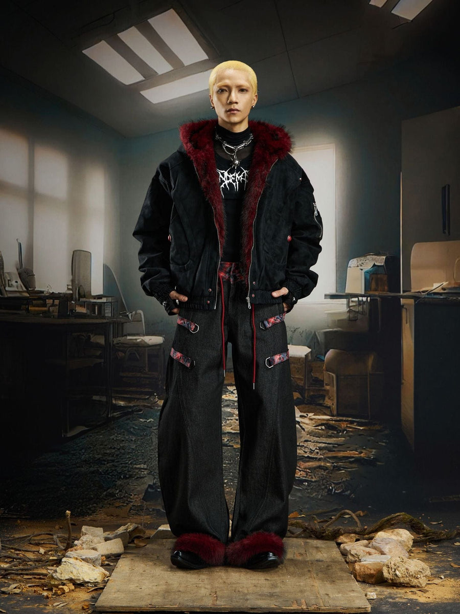 TALKLESSFASHION Heavy fourth-generation mountain carving cotton suit men's red fur collar American retro PU lint jacket plush thickened warm jacket